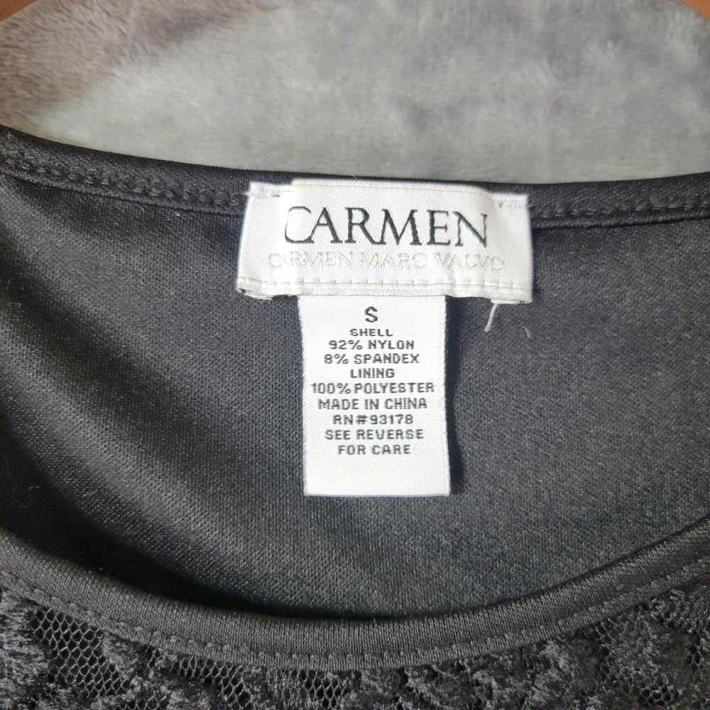 Carmen Marc Valvo Black Floral Lace Short Sleeve Lined Blouse Top Goth Small - Picture 3 of 8